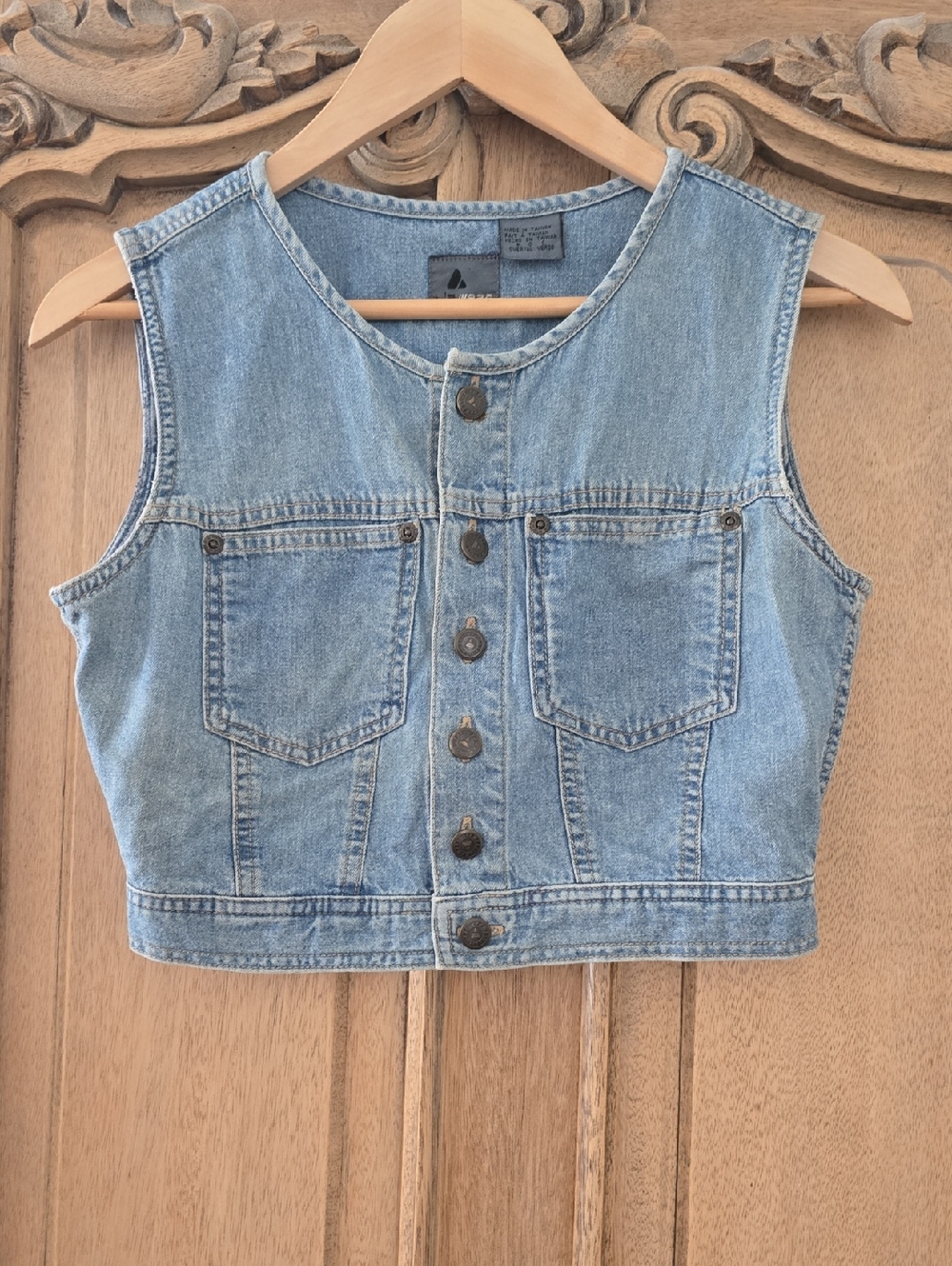 Vintage Light Wash Denim Crop Button-Front Vest